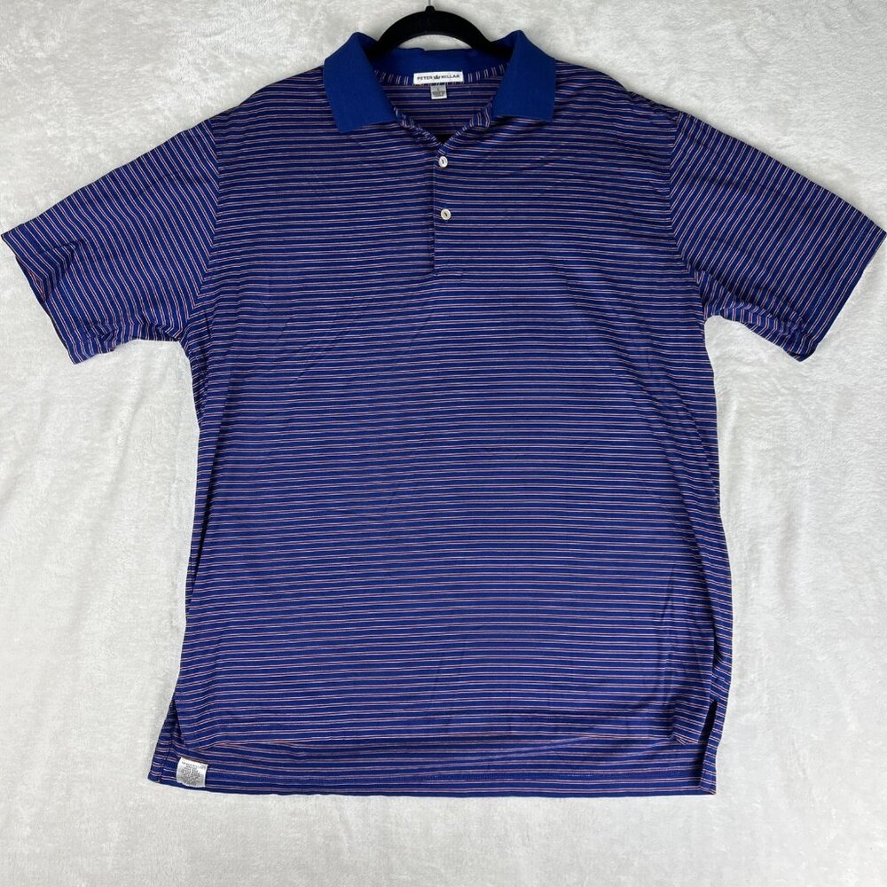 Peter Millar Shirt Mens L Blue Red Striped Polo Soft Stretch Golf Short Sleeve
